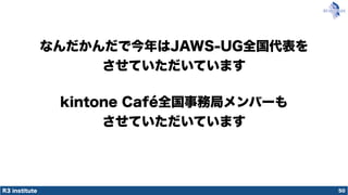 R3 institute
なんだかんだで今年はJAWS-UG全国代表を
させていただいています
50
kintone Café全国事務局メンバーも
させていただいています
 
