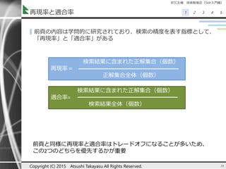 BTC主催 技術勉強会（Solr入門編）
1 2 3 4 5再現率と適合率
▌前頁の内容は学問的に研究されており、検索の精度を表す指標として、
「再現率」と「適合率」がある
10Copyright (C) 2015 Atsushi Takayasu All Rights Reserved.
検索結果に含まれた正解集合（個数）
再現率＝
正解集合全体（個数）
検索結果に含まれた正解集合（個数）
適合率=
検索結果全体（個数）
前頁と同様に再現率と適合率はトレードオフになることが多いため、
この2つのどちらを優先するかが重要
 