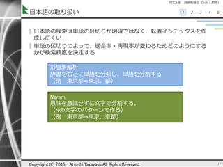 BTC主催 技術勉強会（Solr入門編）
1 2 3 4 5日本語の取り扱い
▌日本語の検索は単語の区切りが明確ではなく、転置インデックスを作
成しにくい
▌単語の区切りによって、適合率・再現率が変わるためどのようにする
かが検索精度を決定する
11Copyright (C) 2015 Atsushi Takayasu All Rights Reserved.
形態素解析
辞書をもとに単語を分類し、単語を分割する
（例 東京都⇒東京、都）
Ngram
意味を意識せずに文字で分割する。
（Nの文字のパターンで作る）
（例 東京都⇒東京、京都）
 
