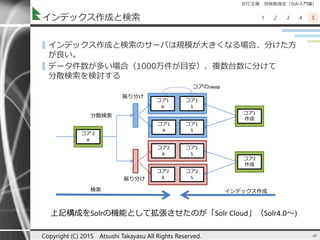 BTC主催 技術勉強会（Solr入門編）
1 2 3 4 5インデックス作成と検索
▌インデックス作成と検索のサーバは規模が大きくなる場合、分けた方
が良い。
▌データ件数が多い場合（1000万件が目安）、複数台数に分けて
分散検索を検討する
40Copyright (C) 2015 Atsushi Takayasu All Rights Reserved.
コア1
A
コア1
S
コア1
A
コア2
A
コア1
S
コア2
A
コア2
S
コア2
S
コア‐Z
A
分散検索
振り分け
振り分け
コアのswap
コア1
作成
コア2
作成
検索 インデックス作成
上記構成をSolrの機能として拡張させたのが「Solr Cloud」（Solr4.0～)
 
