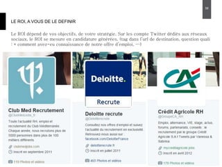 LE ROI, A VOUS DE LE DEFINIR
Le ROI dépend de vos objectifs, de votre stratégie. Sur les compte Twitter dédiés aux réseaux
sociaux, le ROI se mesure en candidature générées. (tag dans l’url de destination, question quali
: « comment avez-eu connaissance de notre offre d’emploi, …)
56
 
