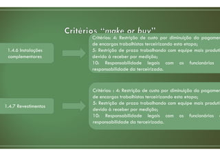 1.4.6 Instalações
complementares
Critérios: 4: Restrição de custo por diminuição do pagamen
de encargos trabalhistas terceirizando esta etapa;
5: Restrição de prazo trabalhando com equipe mais produti
devido à receber por medição;
10: Responsabilidade legais com os funcionários d
responsabilidade da terceirizada.
1.4.7 Revestimentos
Critérios: : 4: Restrição de custo por diminuição do pagamen
de encargos trabalhistas terceirizando esta etapa;
5: Restrição de prazo trabalhando com equipe mais produtiv
devido à receber por medição;
10: Responsabilidade legais com os funcionários d
responsabilidade da terceirizada.
 