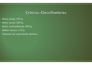 • Menor preço (35%);
• Menor prazo (30%);
• Maior confiabilidade (20%);
• Melhor técnica (15%).
• Atestado de capacidade técnicas.
 