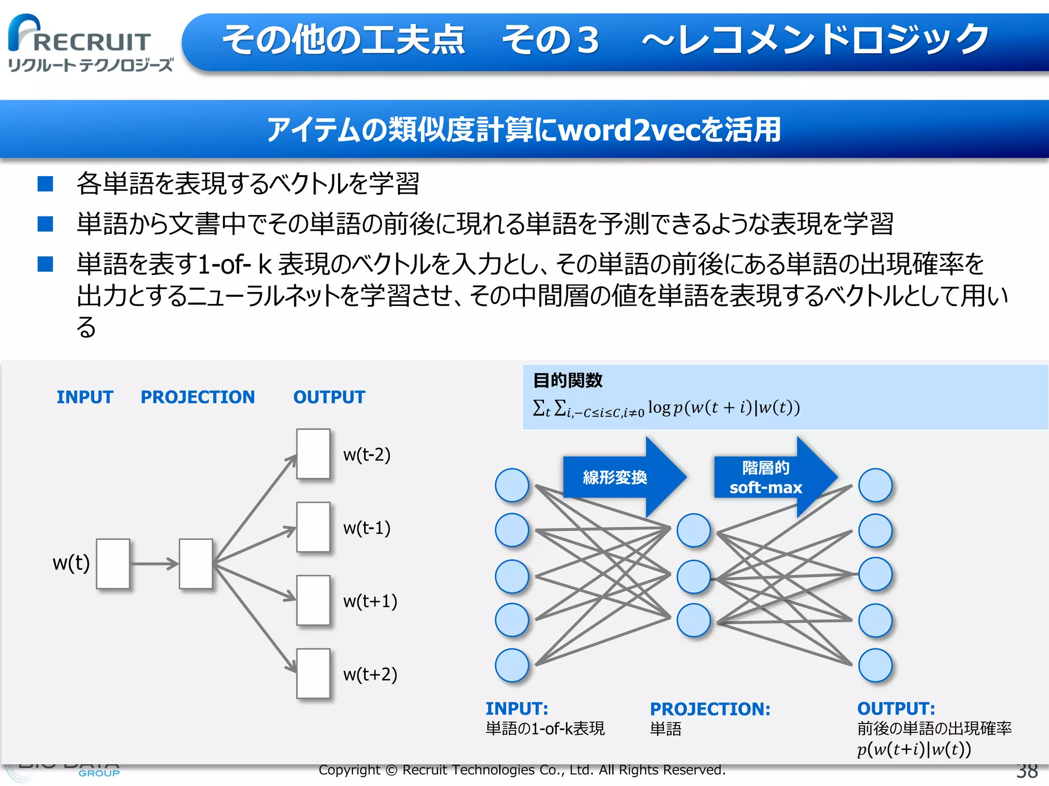 38Copyright © Recruit Technologies Co., Ltd. All Rights Reserved.
その他の工夫点 その３ 〜レコメンドロジック
アイテムの類似度計算にword2vecを活用
 各単語を表現するベクトルを学習
 単語から文書中でその単語の前後に現れる単語を予測できるような表現を学習
 単語を表す1-of-ｋ表現のベクトルを入力とし、その単語の前後にある単語の出現確率を
出力とするニューラルネットを学習させ、その中間層の値を単語を表現するベクトルとして用い
る
w(t)
w(t-1)
w(t+1)
w(t+2)
w(t-2)
INPUT PROJECTION OUTPUT
目的関数
log 𝑝(𝑤 𝑡 + 𝑖 |𝑤 𝑡 )𝑖,−𝐶≤𝑖≤𝐶,𝑖≠0𝑡
INPUT:
単語の1-of-k表現
PROJECTION:
単語
線形変換
階層的
soft-max
OUTPUT:
前後の単語の出現確率
𝑝(𝑤(𝑡+𝑖)|𝑤(𝑡))
 