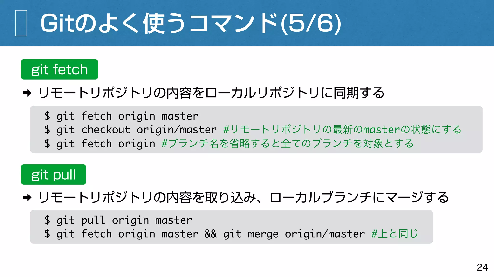 Gitのよく使うコマンド(5/6)
24
git fetch
➡ リモートリポジトリの内容をローカルリポジトリに同期する
$ git fetch origin master
$ git checkout origin/master #リモートリポジトリの最新のmasterの状態にする
$ git fetch origin #ブランチ名を省略すると全てのブランチを対象とする
git pull
➡ リモートリポジトリの内容を取り込み、ローカルブランチにマージする
$ git pull origin master
$ git fetch origin master && git merge origin/master #上と同じ
 