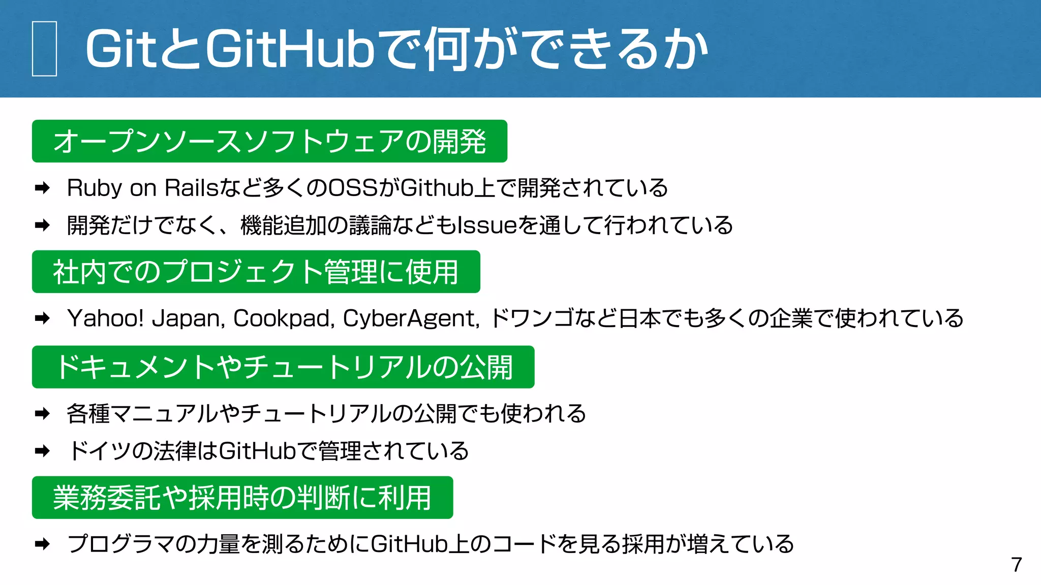 GitとGitHubで何ができるか
➡ Ruby on Railsなど多くのOSSがGithub上で開発されている
➡ 開発だけでなく、機能追加の議論などもIssueを通して行われている
7
オープンソースソフトウェアの開発
社内でのプロジェクト管理に使用
➡ Yahoo! Japan, Cookpad, CyberAgent, ドワンゴなど日本でも多くの企業で使われている
ドキュメントやチュートリアルの公開
➡ 各種マニュアルやチュートリアルの公開でも使われる
➡ ドイツの法律はGitHubで管理されている
業務委託や採用時の判断に利用
➡ プログラマの力量を測るためにGitHub上のコードを見る採用が増えている
 