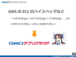 25
AWS の EC2 のハイスペックなど
▪ m4.4xlarge / m4.10xlarge / r3.4xlarge … etc
24時間 365日 稼動しっぱなしは金額的に厳しい
 