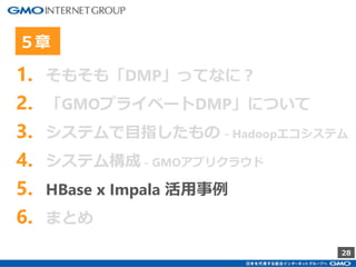28
1. そもそも「DMP」ってなに？
2. 「GMOプライベートDMP」について
3. システムで目指したもの - Hadoopエコシステム
4. システム構成 - GMOアプリクラウド
5. HBase x Impala 活用事例
6. まとめ
５章
 