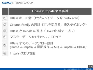 29
HBase x Impala 活用事例
① HBase キー設計（セグメントデータを prefix scan）
② Column Family の設計（TTLを変える、挿入タイミング）
③ HBase と Impala の連携（Hiveの外部テーブル）
④ マスターデータを1行1セルにJSONで
⑤
HBase までのデータフロー設計
(Flume ⇒ Impala ⇒ 画面操作 ⇒ MQ ⇒ Impala ⇒ Hbase)
⑥ Impala クエリ性能
 