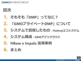 3
目次
1. そもそも「DMP」ってなに？
2. 「GMOプライベートDMP」について
3. システムで目指したもの - Hadoopエコシステム
4. システム構成 - GMOアプリクラウド
5. HBase x Impala 活用事例
6. まとめ
 