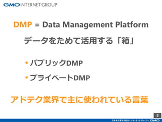 5
DMP = Data Management Platform
データをためて活用する「箱」
▪ パブリックDMP
▪ プライベートDMP
アドテク業界で主に使われている言葉
 