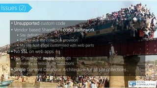 Issues (2)
• Unsupported custom code
• Vendor based SharePoint code framework
• Site definitions
• Self-service site colle...