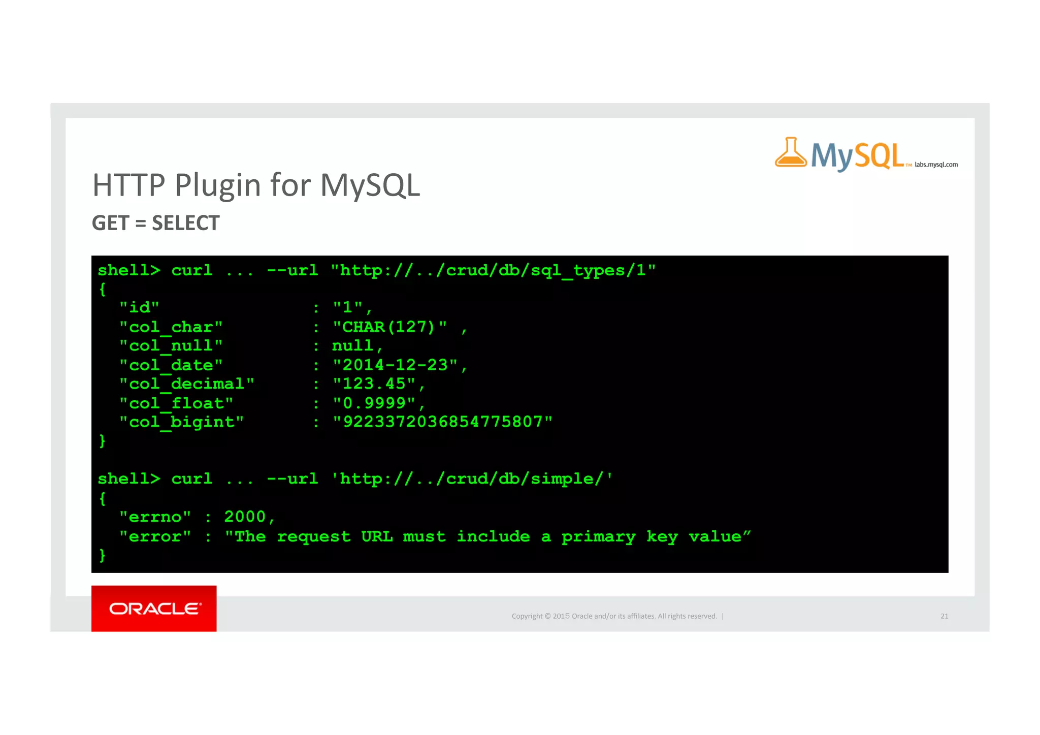 Copyright	
  ©	
  201５	
  Oracle	
  and/or	
  its	
  aﬃliates.	
  All	
  rights	
  reserved.	
  	
  |	
  
HTTP	
  Plugin	
  for	
  MySQL	
GET	
  =	
  SELECT	
  
21	
shell> curl ... --url "http://../crud/db/sql_types/1"
{
"id" : "1",
"col_char" : "CHAR(127)" ,
"col_null" : null,
"col_date" : "2014-12-23",
"col_decimal" : "123.45",
"col_float" : "0.9999",
"col_bigint" : "9223372036854775807"
}
shell> curl ... --url 'http://../crud/db/simple/'
{
"errno" : 2000,
"error" : "The request URL must include a primary key value”
}
 