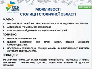 МАЄМО:
1. ГОТОВНІСТЬ АКТИВНОЇ ЧАСТИНИ СУСПІЛЬСТВА, ЯКА НЕ БУДЕ ЖИТИ ПО-СТАРОМУ.
2. АКТИВІЗАЦІЮ ГРОМАДСЬКИХ ОРГАНІЗАЦІЙ.
3. РІЗНОМАНІТНІ МАЙДАНЧИКИ НАПРЦЮВАННЯ НОВИХ ІДЕЙ.
ПОТРІБНО:
1. НАЛЕЖНА ПОЛІТИЧНА ВОЛЯ.
2. ЦІЛЬОВА ВЗАЄМОДІЯ ВСІХ ГІЛОК ВЛАДИ, ОРГАНІВ МІСЦЕВОГО
САМОВРЯДУВАННЯ.
3. ПОСЛІДОВНА МІЖНАРОДНА ПОЗИЦІЯ УКРАЇНИ ЯК РІВНОПРАВНОГО ПАРТНЕРА
СВІТОВОГО СПІВТОВАРИСТВА.
НЕОБХІДНО:
ЗАБЕЗПЕЧИТИ ПРИХІД ДО ВЛАДИ ЛЮДЕЙ ПРИНЦИПОВИХ І ПОРЯДНИХ, З НОВИМ
МИСЛЕННЯМ І НАВИЧКАМИ, ЗДАТНИХ ФОРМУВАТИ БАЧЕННЯ Й ДОСЯГАТИ
РЕЗУЛЬТАТУ!
МОЖЛИВОСТІ
СТОЛИЦІ І СТОЛИЧНОЇ ОБЛАСТІ
 