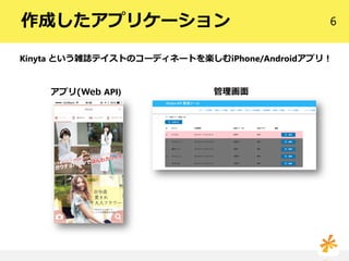 6作成したアプリケーション
アプリ(Web API) 管理画面
Kinyta という雑誌テイストのコーディネートを楽しむiPhone/Androidアプリ！
 