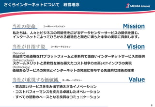 6
Mission
Vision
Value
当社の使命
当社が目指す姿
当社が重視する価値観
私たちは、人々とビジネスの可能性を広げるデータセンターサービスの提供を通じ、
インターネットによってひらかれる創造性と驚きに満ちた未来の実現に貢献します。
高品質で低価格なITプラットフォームと革新的で面白いインターネットサービスの提供
スケールメリットと柔軟性を兼ね備えたコスト競争力の高いITインフラの実現
価値あるサービスの実現とインターネットの発展に寄与する先進的な技術の探求
・質の高いサービスを生み出す絶えざるイノベーション
・コストパフォーマンスを支える卓越したオペレーション
・すべての活動のベースとなる良質なコミュニケーション
〈Service〉
〈Infrastructure〉
〈Technology〉
コーポレートミッション
コーポレートビジョン
コーポレートバリュー
さくらインターネットについて 経営理念
 