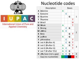 Nucleotide codes
Description Bases
A Adenine A
1
C Cytosine C
G Guanine G
T Thymine T
U Uracil U
W Weak A T
2
S Strong C G
M aMino A C
K Keto G T
R puRine A G
Y pYrimidine C T
B not A (B after A) C G T
3
D not C (D after C) A G T
H not G (H after G) A C T
V not T (V after T/U) A C G
N aNy base (not a gap) A C G T 4
- Gap (no nucleotide) 0
 