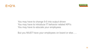 E=Q*A
36
You may have to change 9-5 into output driven
You may have to introduce IT behavior related KPI’s
You may have to educate your employees
But you MUST have your employees on board or else…..
 