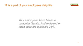 IT is a part of your employees daily life
Your employees have become
computer literate. And reviewed or
rated apps are available 24/7.
5
 