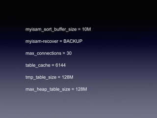myisam_sort_buffer_size = 10M
myisam-recover = BACKUP
max_connections = 30
table_cache = 6144
tmp_table_size = 128M
max_heap_table_size = 128M
 