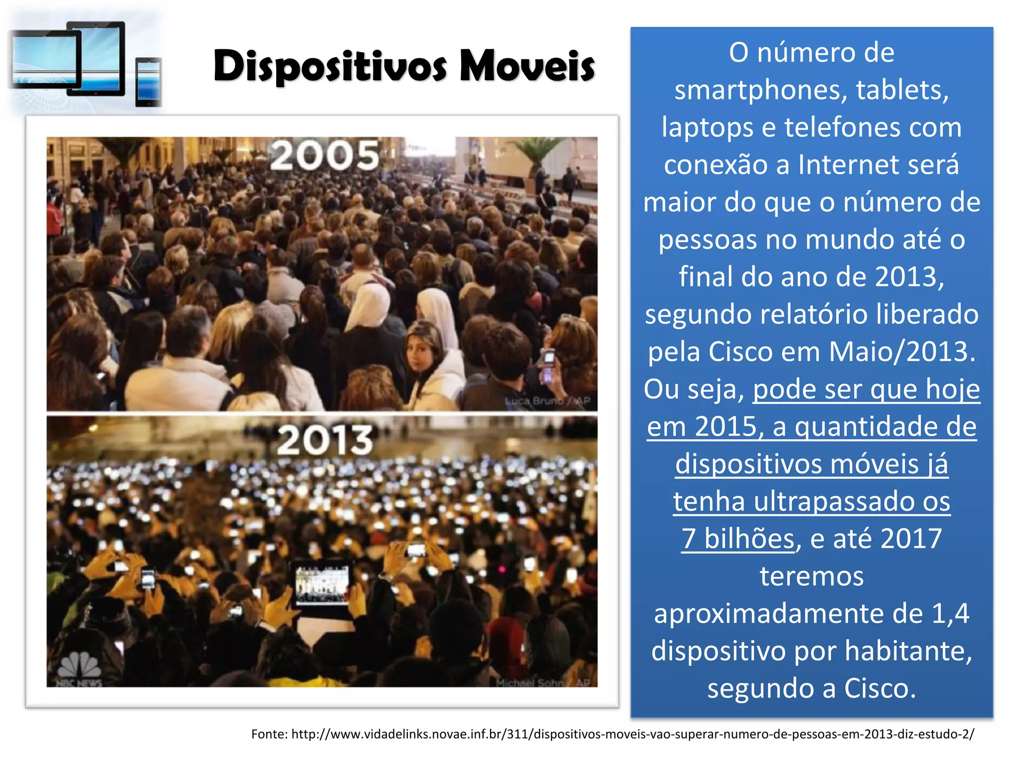 O número de
smartphones, tablets,
laptops e telefones com
conexão a Internet será
maior do que o número de
pessoas no mundo até o
final do ano de 2013,
segundo relatório liberado
pela Cisco em Maio/2013.
Ou seja, pode ser que hoje
em 2015, a quantidade de
dispositivos móveis já
tenha ultrapassado os
7 bilhões, e até 2017
teremos
aproximadamente de 1,4
dispositivo por habitante,
segundo a Cisco.
Fonte: http://www.vidadelinks.novae.inf.br/311/dispositivos-moveis-vao-superar-numero-de-pessoas-em-2013-diz-estudo-2/
Dispositivos Moveis
 