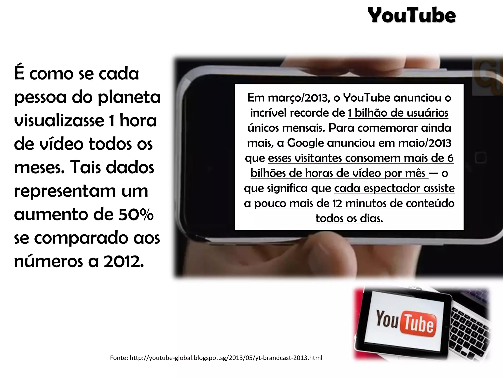 YouTube
Fonte: http://youtube-global.blogspot.sg/2013/05/yt-brandcast-2013.html
Em março/2013, o YouTube anunciou o
incrível recorde de 1 bilhão de usuários
únicos mensais. Para comemorar ainda
mais, a Google anunciou em maio/2013
que esses visitantes consomem mais de 6
bilhões de horas de vídeo por mês — o
que significa que cada espectador assiste
a pouco mais de 12 minutos de conteúdo
todos os dias.
É como se cada
pessoa do planeta
visualizasse 1 hora
de vídeo todos os
meses. Tais dados
representam um
aumento de 50%
se comparado aos
números a 2012.
 