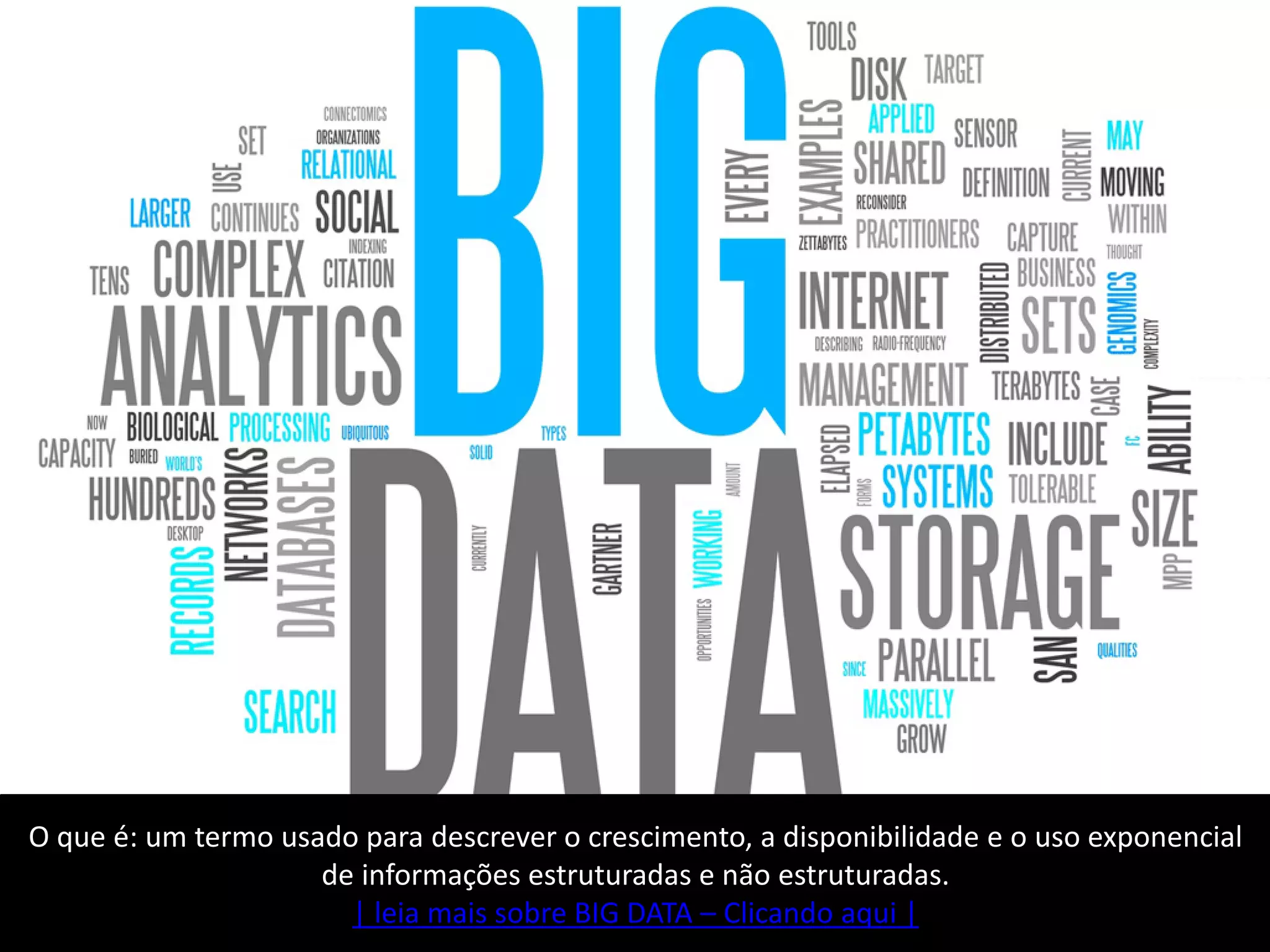 O que é: um termo usado para descrever o crescimento, a disponibilidade e o uso exponencial
de informações estruturadas e não estruturadas.
| leia mais sobre BIG DATA – Clicando aqui |
 