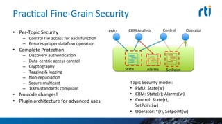 PracEcal	
  Fine-­‐Grain	
  Security	
  
•  Per-­‐Topic	
  Security	
  
–  Control	
  r,w	
  access	
  for	
  each	
  funcEon	
  
–  Ensures	
  proper	
  dataﬂow	
  operaEon	
  
•  Complete	
  ProtecEon	
  
–  Discovery	
  authenEcaEon	
  
–  Data-­‐centric	
  access	
  control	
  
–  Cryptography	
  
–  Tagging	
  &	
  logging	
  
–  Non-­‐repudiaEon	
  
–  Secure	
  mulEcast	
  
–  100%	
  standards	
  compliant	
  
•  No	
  code	
  changes!	
  
•  Plugin	
  architecture	
  for	
  advanced	
  uses	
  
CBM	
  Analysis	
  PMU	
   Control	
   Operator	
  
State	
   Alarms	
   SetPoint	
  
Topic	
  Security	
  model:	
  
•  PMU:	
  State(w)	
  
•  CBM:	
  State(r);	
  Alarms(w)	
  
•  Control:	
  State(r),	
  
SetPoint(w)	
  
•  Operator:	
  *(r),	
  
Setpoint(w)	
  
 