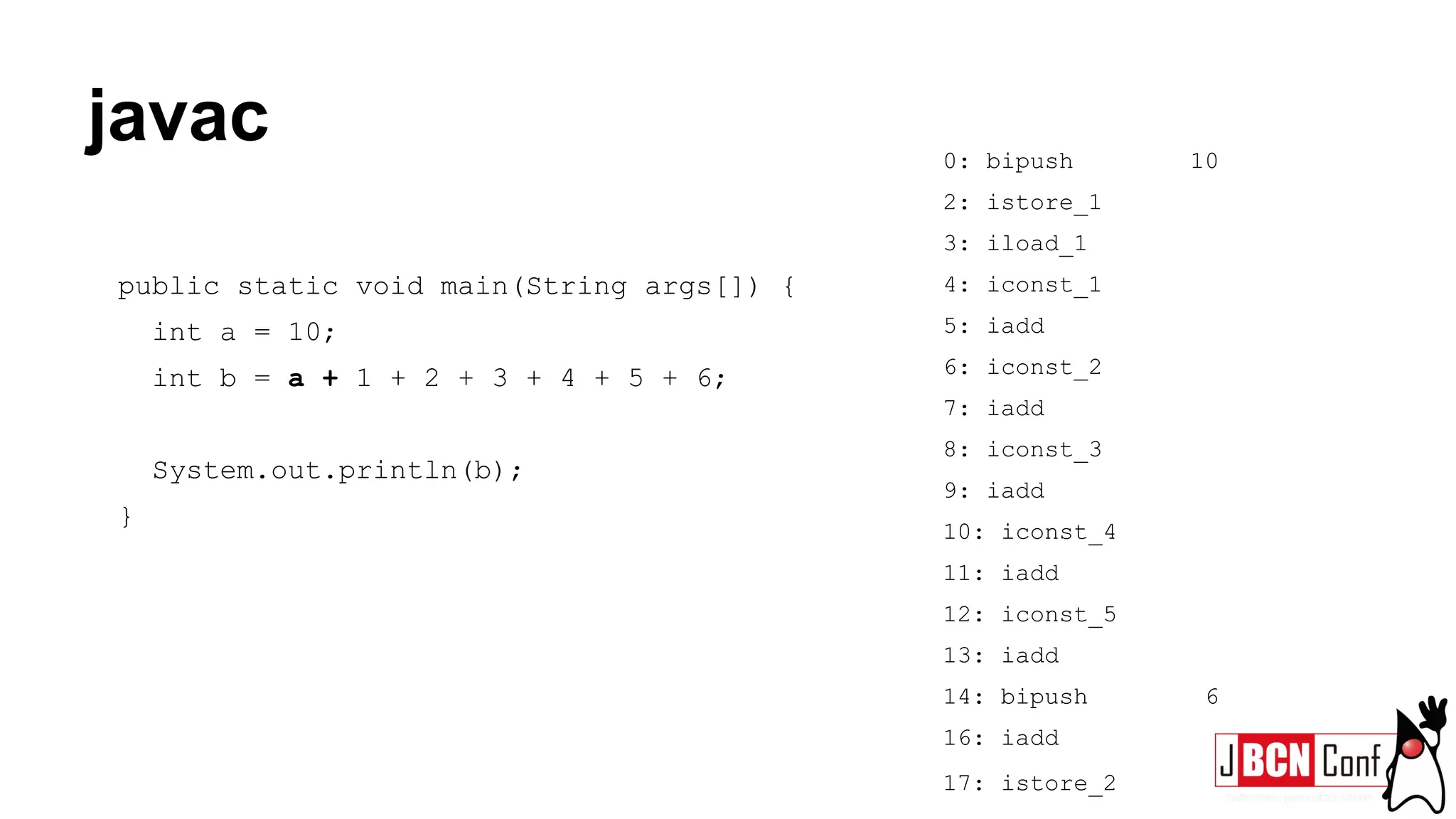 javac
public static void main(String args[]) {
int a = 10;
int b = a + 1 + 2 + 3 + 4 + 5 + 6;
System.out.println(b);
}
0: bipush 10
2: istore_1
3: iload_1
4: iconst_1
5: iadd
6: iconst_2
7: iadd
8: iconst_3
9: iadd
10: iconst_4
11: iadd
12: iconst_5
13: iadd
14: bipush 6
16: iadd
17: istore_2
 