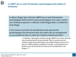 Le Myers Briggs Type Indicator (MBTI) est un outil d'évaluation
psychologique déterminant le type psychologique d'un sujet...