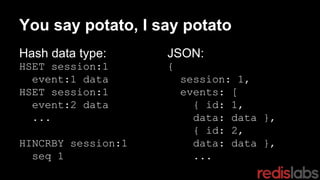 You say potato, I say potato
Hash data type:
HSET session:1
event:1 data
HSET session:1
event:2 data
...
HINCRBY session:1
seq 1
JSON:
{
session: 1,
events: [
{ id: 1,
data: data },
{ id: 2,
data: data },
...
 