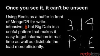 Once you see it, it can't be unseen
Using Redis as a buffer in front
of MongoDB for write-
intensive, hot Big Data is a
useful pattern that makes it
easy to get information in real
time as well as distribute the
load more efficiently.
 