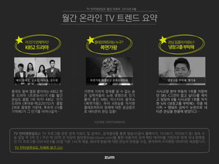 TV 인터넷관심도는 TV 프로그램 관련 검색 키워드 및 검색수, 검색결과를 통한 방송사(공식 홈페이지, 다시보기, 미리보기 등) 접속 수
등 일일 약 3억 건 / 주간 약 20억 건 이상의 줌닷컴(http://zum.com)을 통한 이용자의 검색 패턴 데이터를 기반으로 현재 국내 방영중
인 TV 프로그램 (2014년 6월 26일 기준 142개 채널, 864개 방송)에 대한 관심과 반응을 수집, 분석하여 수치화된 데이터로 제공합니다.
TV 인터넷관심도 자세히 보기 >>>
TV 인터넷관심도 월간 리포트 2015년 6월
월간 온라인 TV 트렌드 요약
중국도 벌써 열광 중이라는 KBS2 한
류 드라마 <프로듀사>가 6월 월간
관심도 종합 1위 차지! KBS2 인기
드라마 <후아유-학교2015>가 종합
2위로 종영한 가운데, 후속작 <너를
기억해>가 그 인기를 이어나갈지…
가면에 가려져 정체를 알 수 없는 숨
은 실력자들의 노래 경쟁으로 인기
몰이 중인 MBC 미스터리 음악쇼
<복면가왕>. 무려 4연승을 차지한
클레오파트라 정체에 대한 궁금증으
로 네티즌의 관심 집중!
시사교양 분야 부동의 1위를 자랑하
던 SBS <그것이 알고 싶다>를 제치
고 당당히 6월 시사교양 1위를 차지
한 tvN <냉장고를 부탁해>. 각종 레
시피 + 맹쉐프 감싸기 논란으로 네
티즌 관심을 한몸에 받았다고…
사진제공 TOPSTARNEWS
이인기언제까지?
KBS2드라마
클레오파트라는누구?
복면가왕
관심집중의이유는?
냉장고를부탁해
복면가왕 화생방실 클레오파트라 냉장고를 부탁해, 맹기용배우 차태현, 공효진, 아이유, 김수현
 
