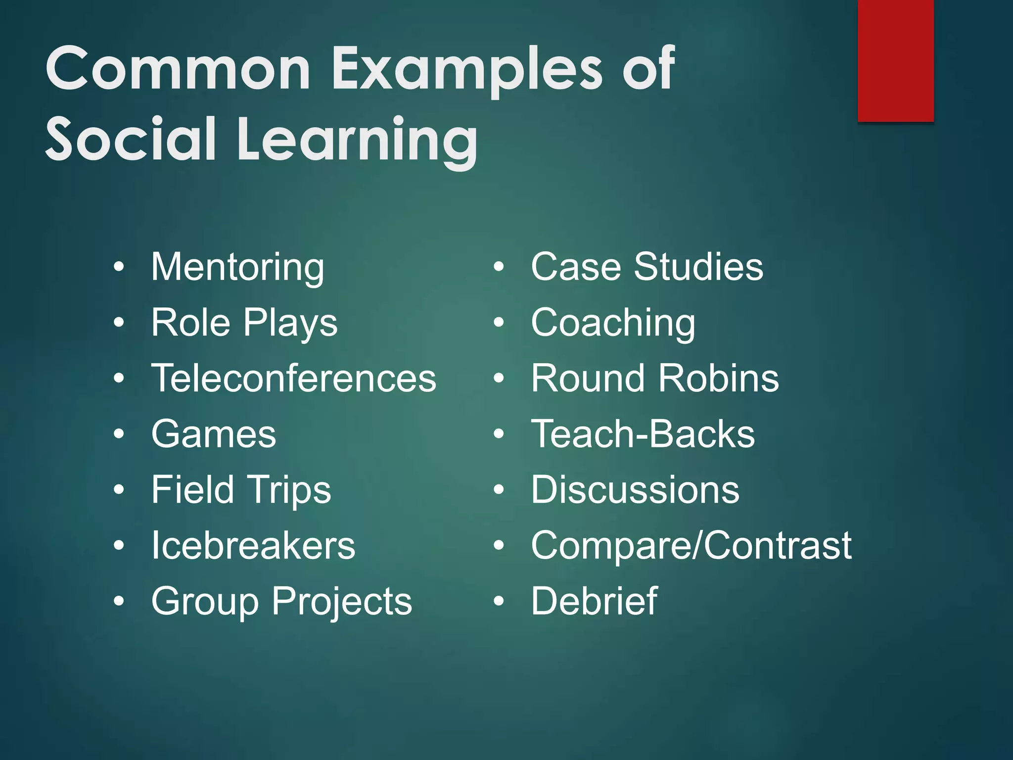 Common Examples of
Social Learning
• Mentoring
• Role Plays
• Teleconferences
• Games
• Field Trips
• Icebreakers
• Group Projects
• Case Studies
• Coaching
• Round Robins
• Teach-Backs
• Discussions
• Compare/Contrast
• Debrief
 
