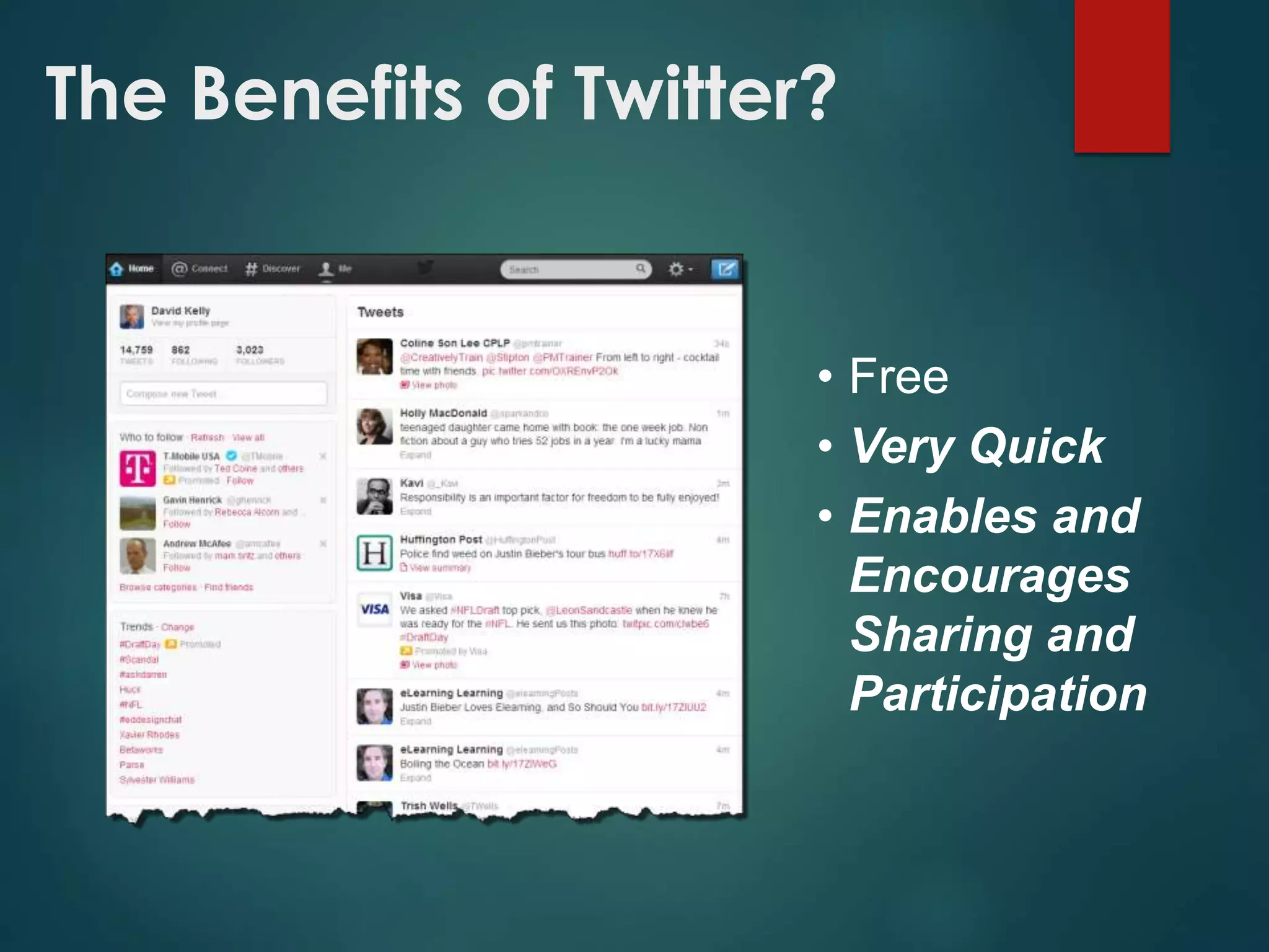 The Benefits of Twitter?
• Free
• Very Quick
• Enables and
Encourages
Sharing and
Participation
 