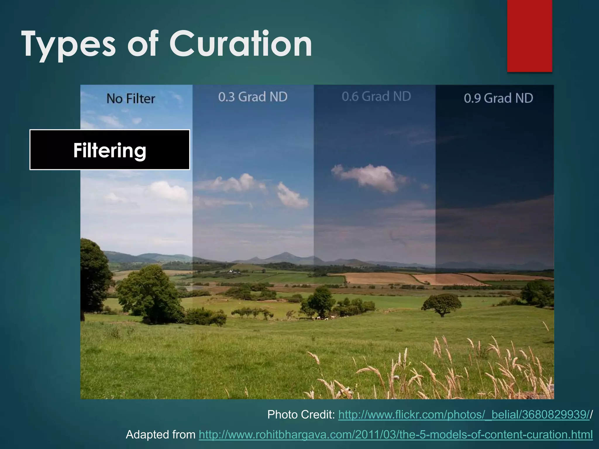 Filtering
Adapted from http://www.rohitbhargava.com/2011/03/the-5-models-of-content-curation.html
Photo Credit: http://www.flickr.com/photos/_belial/3680829939//
Types of Curation
 
