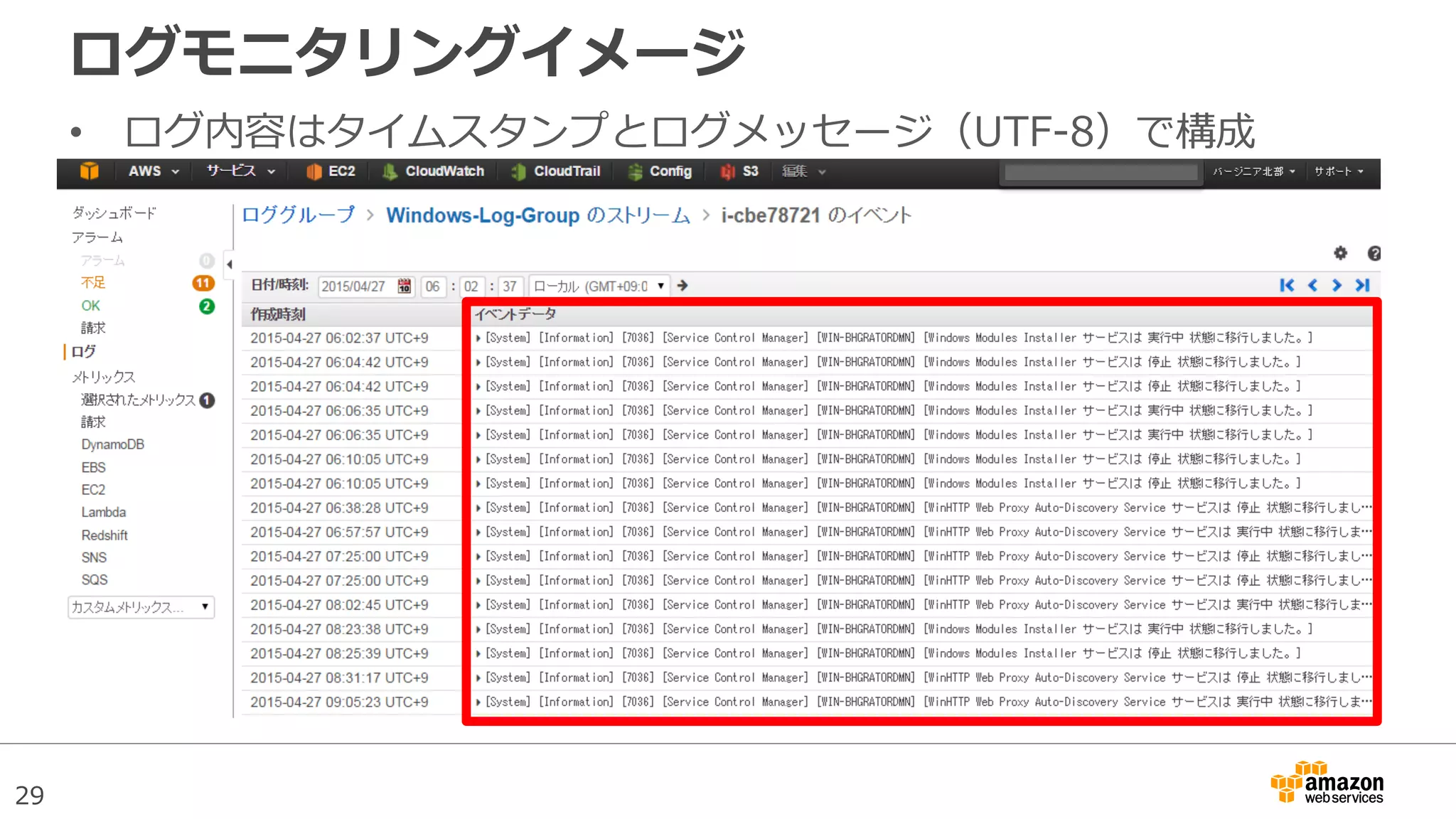 29
ログモニタリングイメージ
• ログ内容はタイムスタンプとログメッセージ（UTF-8）で構成
 