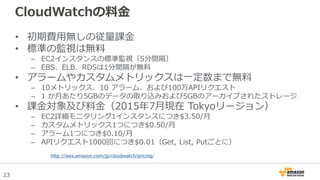 23
CloudWatchの料金
• 初期費用無しの従量課金
• 標準の監視は無料
– EC2インスタンスの標準監視（5分間隔）
– EBS、ELB、RDSは1分間隔が無料
• アラームやカスタムメトリックスは一定数まで無料
– 10メトリックス、10 アラーム、および100万APIリクエスト
– 1 か月あたり5GBのデータの取り込みおよび5GBのアーカイブされたストレージ
• 課金対象及び料金（2015年7月現在 Tokyoリージョン）
– EC2詳細モニタリング1インスタンスにつき$3.50/月
– カスタムメトリックス1つにつき$0.50/月
– アラーム1つにつき$0.10/月
– APIリクエスト1000回につき$0.01（Get, List, Putごとに）
http://aws.amazon.com/jp/cloudwatch/pricing/
 
