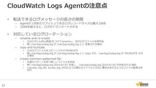 33
CloudWatch Logs Agentの注意点
• 転送できるログメッセージの長さの制限
– Agentが１回あたりプッシュできるログレコードサイズは最大32KB
– 32KBを超えると、ログがトランケートされる
• 対応しているログローテーション
– rename and re-create
• 元のログにsuffix(数値)をつけてrenameし、空のログファイルを再作成
• 例) /var/log/syslog.log が /var/log/syslog.log.1 に 変更される場合
– copy and truncate
• 元のログファイルをコピーしてからTRUNCATE
• 例) /var/log/syslog.log が /var/log/syslog.log.1 に copy され、/var/log/syslog.log が TRUNCATE され
る場合
– create common-patterned file
• 共通のパターンを持つ新しいファイルを作成
• 例) /var/log/syslog.log.2014-01-01 を残し、 /var/log/syslog.log.2014-01-02 が作成される 場合
• ※access_log_80, access_log_443のような異なるファイルに交互に書き込まれるようなファイル監視は未
対応
 