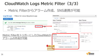 38
CloudWatch Logs Metric Filter（3/3）
• Metric Filterからアラーム作成、SNS連携が可能
Metric FilterをトリガーにしたCloudWatch
アラームの作成が可能
 