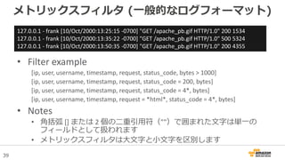 39
メトリックスフィルタ (一般的なログフォーマット)
• Filter example
[ip, user, username, timestamp, request, status_code, bytes > 1000]
[ip, user, username, timestamp, request, status_code = 200, bytes]
[ip, user, username, timestamp, request, status_code = 4*, bytes]
[ip, user, username, timestamp, request = *html*, status_code = 4*, bytes]
• Notes
• 角括弧 [] または 2 個の二重引用符（""）で囲まれた文字は単一の
フィールドとして扱われます
• メトリックスフィルタは大文字と小文字を区別します
127.0.0.1 - frank [10/Oct/2000:13:25:15 -0700] "GET /apache_pb.gif HTTP/1.0" 200 1534
127.0.0.1 - frank [10/Oct/2000:13:35:22 -0700] "GET /apache_pb.gif HTTP/1.0" 500 5324
127.0.0.1 - frank [10/Oct/2000:13:50:35 -0700] "GET /apache_pb.gif HTTP/1.0" 200 4355
 