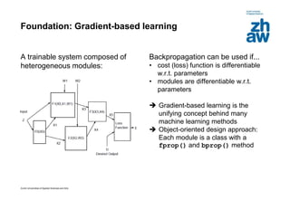Zurich Universities of Applied Sciences and Arts
Foundation: Gradient-based learning
A trainable system composed of
heterogeneous modules:
Backpropagation can be used if...
• cost (loss) function is differentiable
w.r.t. parameters
• modules are differentiable w.r.t.
parameters
 Gradient-based learning is the
unifying concept behind many
machine learning methods
 Object-oriented design approach:
Each module is a class with a
fprop() and bprop() method
 