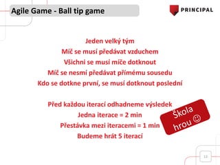 Jeden velký tým
Míč se musí předávat vzduchem
Všichni se musí míče dotknout
Míč se nesmí předávat přímému sousedu
Kdo se dotkne první, se musí dotknout poslední
Před každou iterací odhadneme výsledek
Jedna iterace = 2 min
Přestávka mezi iteracemi = 1 min
Budeme hrát 5 iterací
Agile Game - Ball tip game
12
 