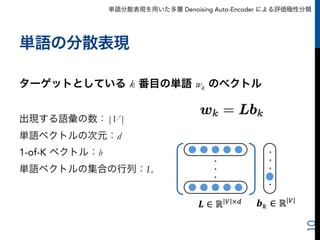 単語分散表現を用いた多層 Denoising Auto-Encoder による評価極性分類
ターゲットとしている k 番目の単語 wk のベクトル
出現する語彙の数：|V|
単語ベクトルの次元：d
1-of-K ベクトル：b
単語ベクトルの集合の行列：L
単語の分散表現
10
・
・
・ ・
・
・
・
・
 