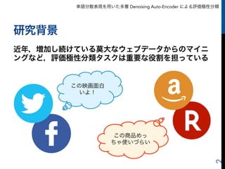 単語分散表現を用いた多層 Denoising Auto-Encoder による評価極性分類
研究背景
近年，増加し続けている莫大なウェブデータからのマイニ
ングなど，評価極性分類タスクは重要な役割を担っている
2
この映画面白
いよ！
この商品めっ
ちゃ使いづらい
 