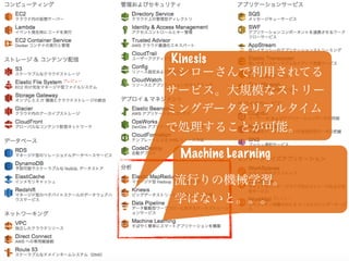 Kinesis
スシローさんで利用されてる
サービス。大規模なストリー
ミングデータをリアルタイム
で処理することが可能。
Machine Learning
流行りの機械学習。
学ばないと。。。
 