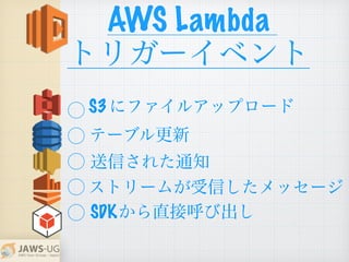 AWS Lambda
トリガーイベント
⃝
⃝
⃝
⃝
⃝
にファイルアップロードS3
テーブル更新
送信された通知
ストリームが受信したメッセージ
から直接呼び出しSDK
 