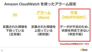 19
Amazon CloudWatch を使ったアラーム設定
OK
不足
（INSUFFICIENT）
アラーム
(Alarm)
定義された閾値を
下回っている
（正常値）
定義された閾値を
上回っている
（異常値）
データが不足のため、
状態を判定できない
（判定不能）
CloudWatch特有のステータス
 