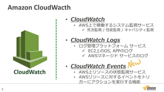 5
• CloudWatch
• AWS上で稼働するシステム監視サービス
 死活監視 / 性能監視 / キャパシティ監視
• CloudWatch Logs
• ログ管理プラットフォーム サービス
 EC2上のOS, APPのログ
 AWSマネージド サービスのログ
• CloudWatch Events
• AWS上リソースの状態監視サービス
• AWSリソースに対するイベントをトリ
ガーにアクションを実行する機能
Amazon CloudWacth
CloudWatch
 