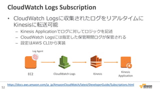 52
CloudWatch Logs Subscription
• CloudWatch Logsに収集されたログをリアルタイムに
Kinesisに転送可能
– Kinesis Applicationでログに対してロジックを記述
– CloudWatch Logsには指定した保管期間ログが保管される
– 設定はAWS CLIから実装
CloudWatch Logs Kinesis
Kinesis
Application
Log Agent
EC2
https://docs.aws.amazon.com/ja_jp/AmazonCloudWatch/latest/DeveloperGuide/Subscriptions.html
 